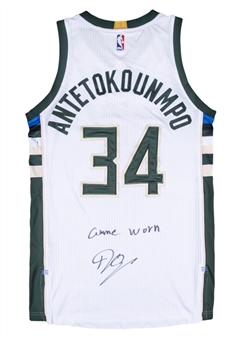 2016-17 Giannis Antetokounmpo Game Used & Signed Milwaukee Bucks Home Jersey Photo Matched To 3/18/2017 (JSA & Resolution Photomatching)